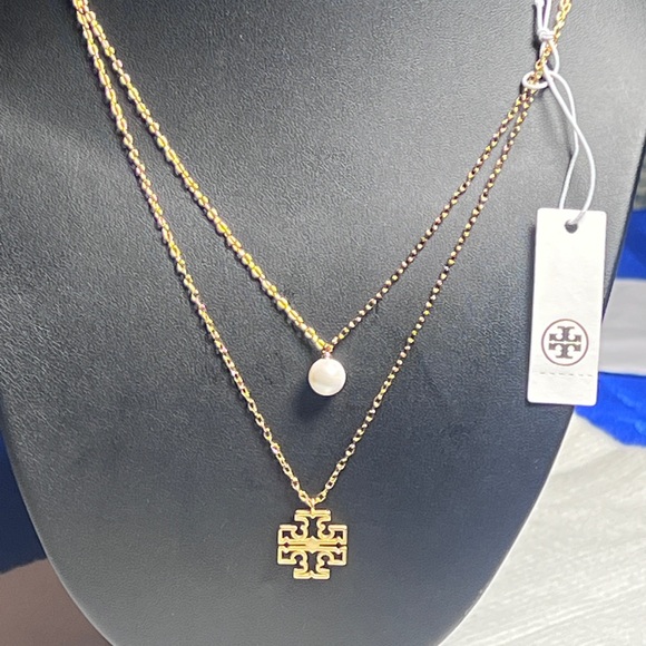Tory Burch Gold Double Strand Necklace with Pearl Charm - Picture 2 of 3